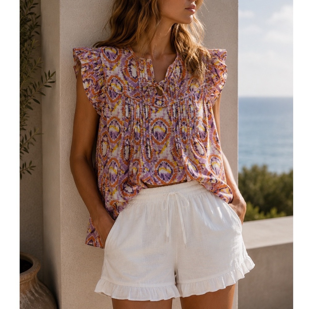 Anthropologie Suncoo Paris Laurore Blouse Womens T1 S Purple Ikat Ruffle Tie